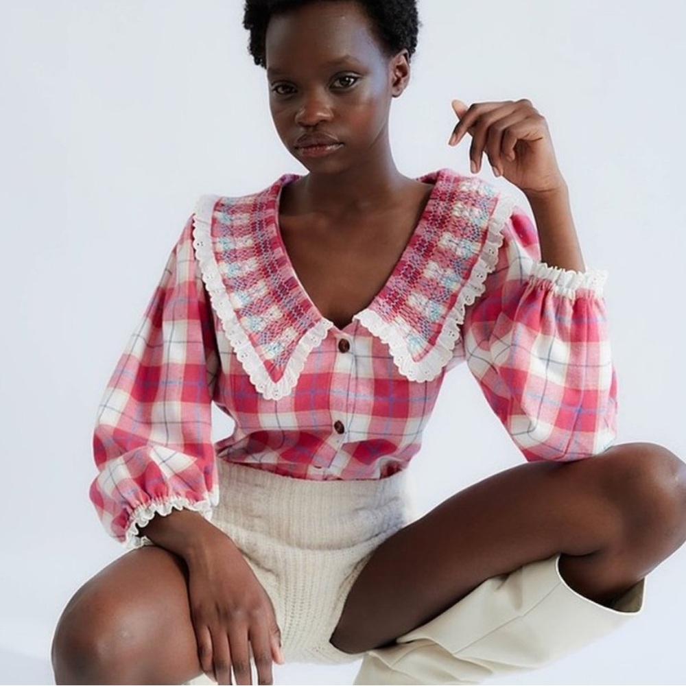 Tach Anthropologie Hand-Embroidered Flannel Blouse - NWOT